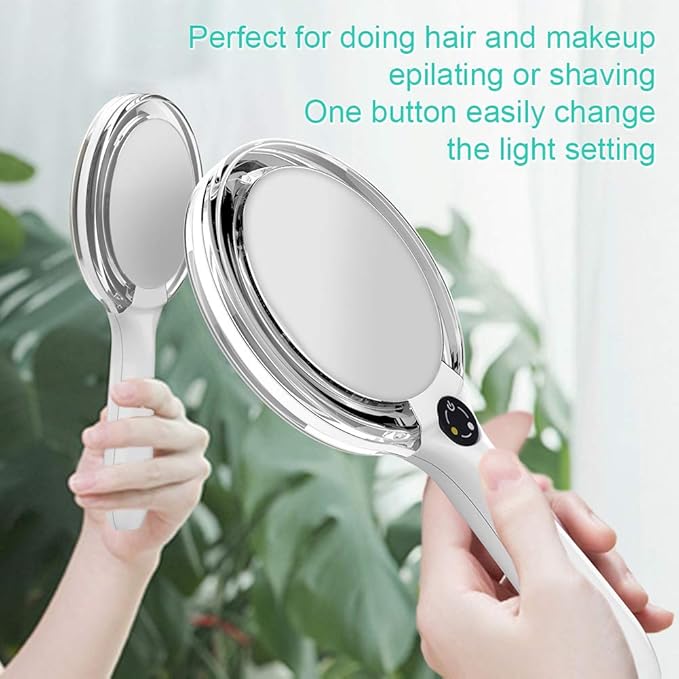 Starlite Handheld Rechargeable Lighted Makeup Mirror with Stand, 1X/5X Magnification, Dual Sided & Vanity Mirror with Bright and Warm Light, Cordless Rechargeable Mirror (White Colour)
