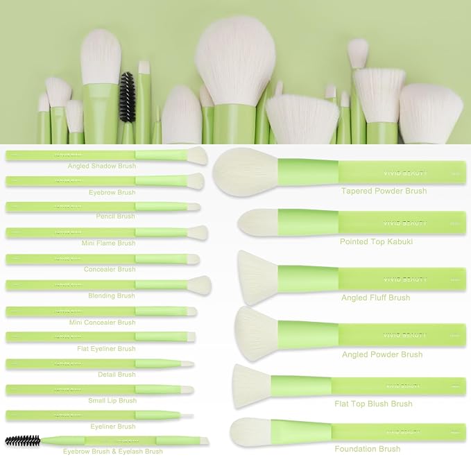 Green Makeup Brushes 18PCS – Complete Make Up Brush Set with Soft Fiber Bristles, Painted Aluminum Ferrules, Non-Slip Rubber Handles, Storage Mesh Pouch & 2 Blender Sponges
