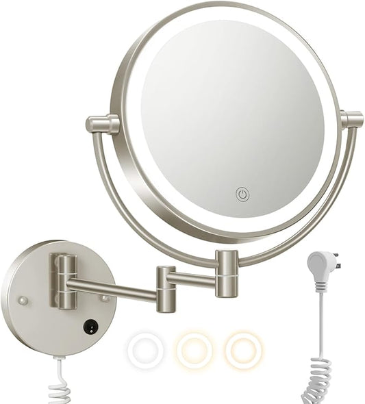 FASCINATE Upgraded Wall Mounted Makeup Mirror with Lights, Super Large Double Sided 1X/10X Magnifying Mirror for Bathroom, 360° Swivel Extendable Plug Touch Sensor Vanity Mirror