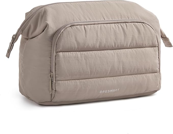 BAGSMART Makeup Bag Travel Toiletry Bag, Puffy Padded Make Up Bags for Women, Makeup Organizer Wide-open Pouch Purse, Travel Essentials for Toiletries Accessories Brushes, Camel(Brown)