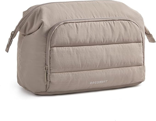 BAGSMART Makeup Bag Travel Toiletry Bag, Puffy Padded Make Up Bags for Women, Makeup Organizer Wide-open Pouch Purse, Travel Essentials for Toiletries Accessories Brushes, Camel(Brown)