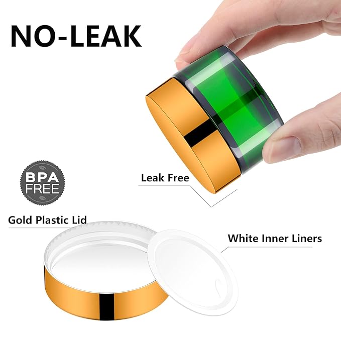 1 Oz Green Round Glass Jars with Inner Liners and Gold Lids(24PCS) Empty Cream Containers Refillable Cosmetic Vials for Cosmetics, Lotions, Ointment, Body Scrubs & Balms