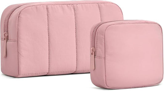 oscaurt 2 Pcs Makeup Bag Travel Toiletry Bag for Women Puffy Padded Cosmetic Pouch Purse Wide-open Makeup Organizer Case Travel Essentials