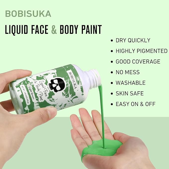 BOBISUKA Light Green Face Body Paint Liquid Texture Washable Non Toxic Facepaint Fast Drying Foundation Makeup for Halloween Witch Camo Hulk Hunting Cosplay SFX Costume St Patrick's Day Party (130ml)