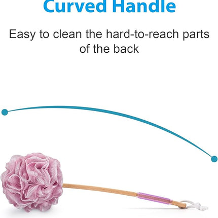 AmazerBath Shower Sponge Loofah Back Scrubber, PE Soft Mesh Loofah Body Scrubber with Long Wooden Handle, Bath Sponge for Men Women (Pink)