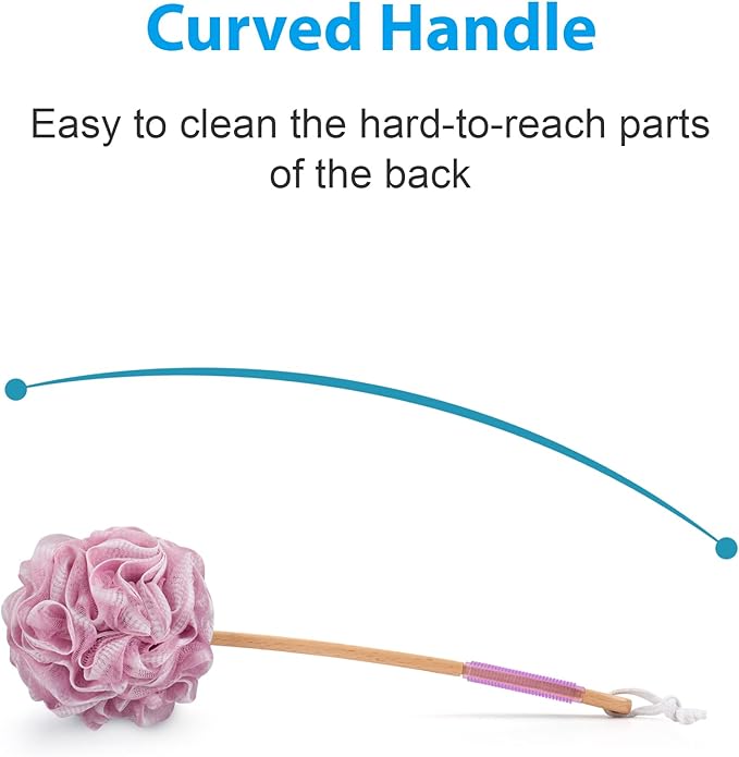 AmazerBath Shower Sponge Loofah Back Scrubber, PE Soft Mesh Loofah Body Scrubber with Long Wooden Handle, Bath Sponge for Men Women (Pink)