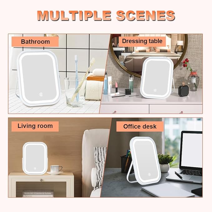 Rechargeable Desk Vanity Makeup Mirror with Lights,8x6 Inch Folding Portable Mirror with Metal Stand Adjustable Rotation,Tavel Make Up Mirror for Table