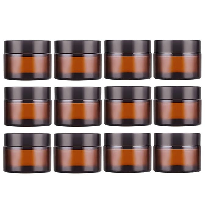 1 Oz Amber Round Glass Jars with Inner Liners and Black Lids(12PCS) Empty Cream Containers Refillable Cosmetic Vials for Cosmetics, Lotions, Ointment, Body Scrubs & Balms