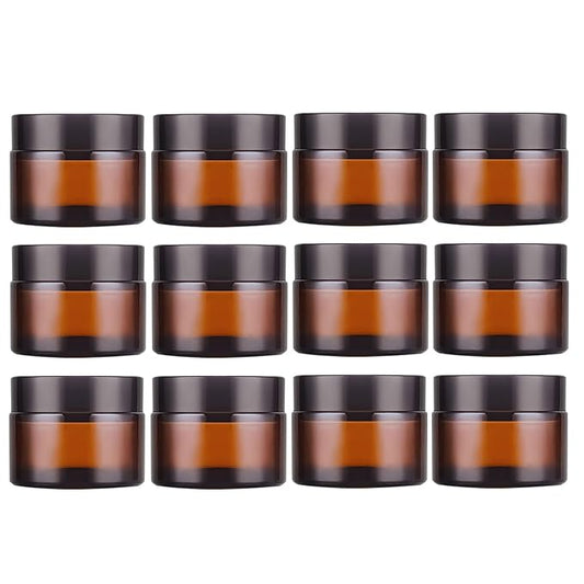 1 Oz Amber Round Glass Jars with Inner Liners and Black Lids(12PCS) Empty Cream Containers Refillable Cosmetic Vials for Cosmetics, Lotions, Ointment, Body Scrubs & Balms