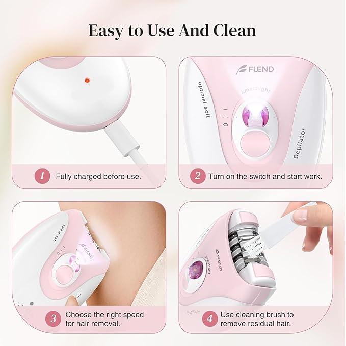 Smooth Glide Epilator for Women, 2 Speeds Facial Hair Removal Device with LED Light, 36 Tweezers & Massage Pad. Rechargeable Facial Hair Removal Epilator for Bikini, Arms, Legs, and Face