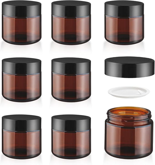 8 Pcs Amber Glass Cream Jar Refillable Empty Cosmetic Storage Bottle Sample Container Pot with Black Lids for Make Up Lotion Face Cream - 60ml/2oz
