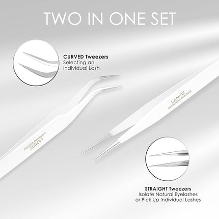LANKIZ Eyelash Extension Tweezers Stainless Steel Straight and Curved Volume Lash Tweezers Set of 2 for Professional Eyelash Extension Application -White pinzas para pestaas pelo a pelo