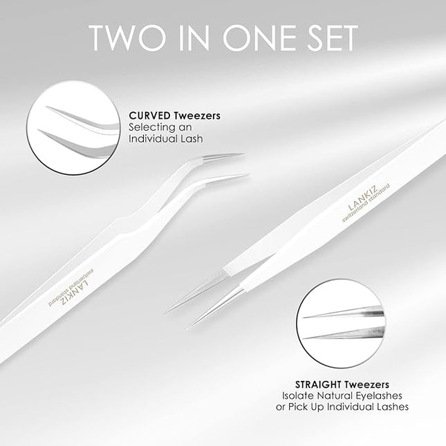 LANKIZ Eyelash Extension Tweezers Stainless Steel Straight and Curved Volume Lash Tweezers Set of 2 for Professional Eyelash Extension Application -White pinzas para pestaas pelo a pelo