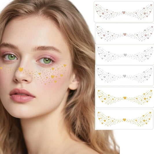 Glitter Freckles Temporary Face Tattoos, 6pcs Makeup Patches, Rose Gold, Silver and Gold Glitter Freckles Face Tattoo (A-love)
