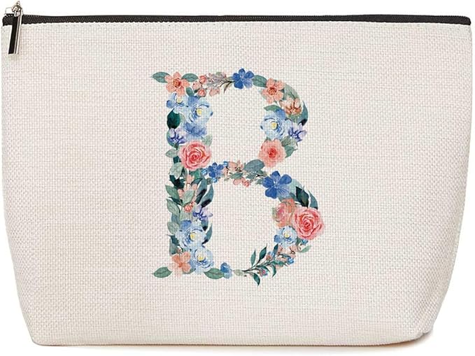 Initial Makeup Bag Monogrammed Travel Toiletry Bag Monogram Cosmetic Bag Birthday Christmas Bridal Shower Bridesmaid Gifts Personalized Gifts for Women Bride Teacher Friend, Floral Letter B