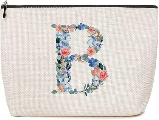 Initial Makeup Bag Monogrammed Travel Toiletry Bag Monogram Cosmetic Bag Birthday Christmas Bridal Shower Bridesmaid Gifts Personalized Gifts for Women Bride Teacher Friend, Floral Letter B