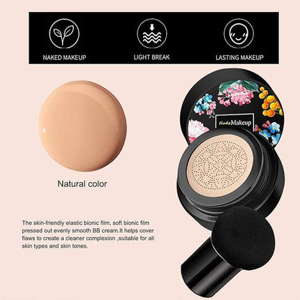 Mushroom Head Air Cushion BB Cream,Concealer Lasting Nude Makeup Moisturizing Pigment CC Liquid Foundation, Even Skin Tone Makeup Base Primer（Natural）