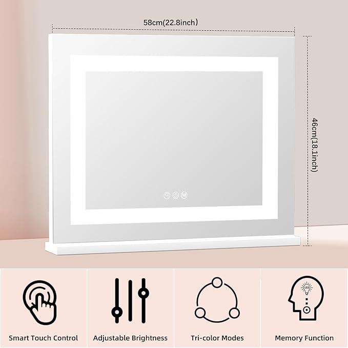 COOLJEEN Vanity Mirror with Lights, 23" x 18" LED Makeup Mirror, Lighted Makeup Mirror with 3 Color Modes, Detachable 10x Magnification and USB Charging, Tabletop & Wall-Mounted