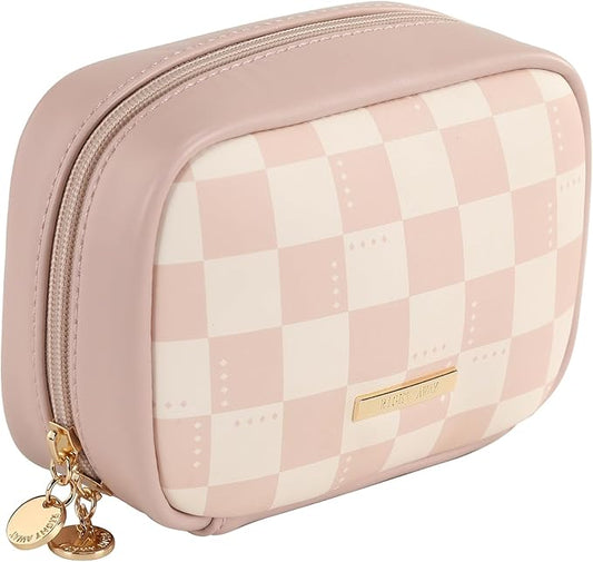RIGHT AWAY Makeup Bag,Travel Cosmetic Bag Organizer with Zipper,Waterproof Toiletry Bags Makeup Pouch for Purse, Small Make Up Bag &Cases with Compartments for Women Girls（Pink Checkerboard）