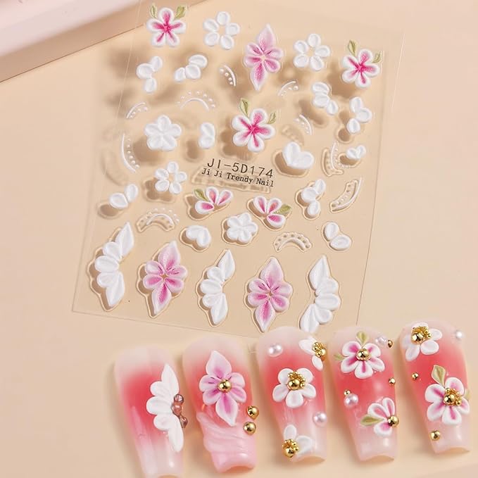 5D Embossed Flowers Nail Art Stickers, 5PCS Self-Adhesive Pink White Flower Sticker Floral Petals Cherry Blossom Butterfly Nail Decals French Tips Design Pegatinas para Uñas