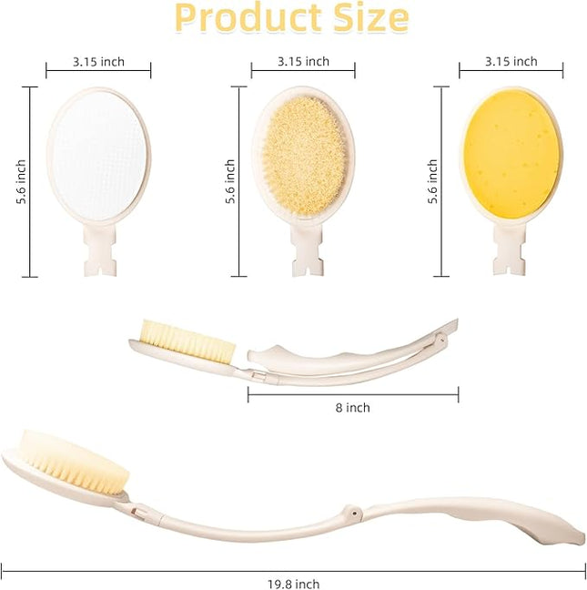 LFJ 19" Long Handle Shower Sponge Brush Set, 3 in 1 Body Brush, Bath Sponge and Lotion Applicator Improved Skin Health, Suitable for Men and Women (White Brush-2P)