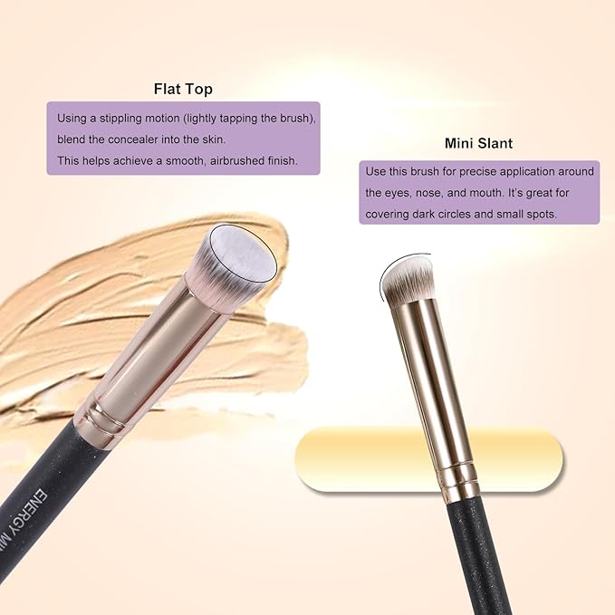 ENERGY Concealer Brush Set - Mini Flat Top Kabuki Brush Slant Concealer Brush for Eyebrows Eyeshadow Under Eye Setting Powder for Liquid Cream Powder Blending