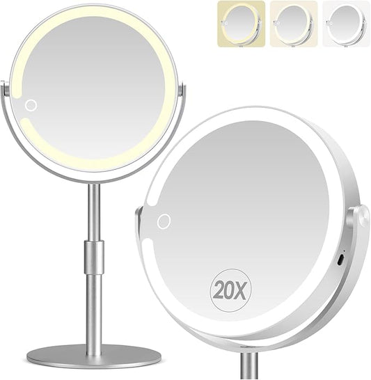 20X Magnifying Mirror with Light, Height Adjustable 2000mAh Makeup Mirror with Light, 3 Color Lights for Tabletop/Travel. Detachable Travel Makeup Mirror, Vanity Mirror for Bathroom, Silver