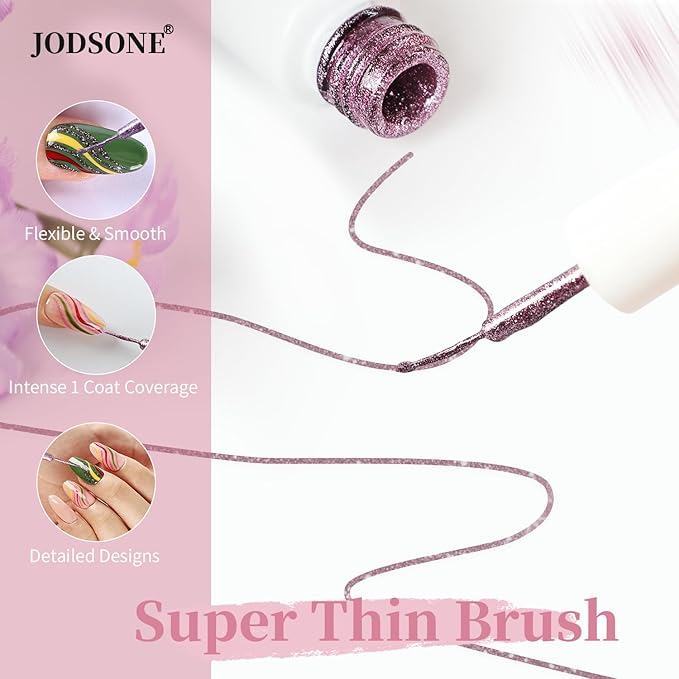 JODSONE Nail Art Gel Liner Set 10 Colors Glitter Purple Gold Green Gel Nail polish Need U V Lamp Cured with Thin Brush at Home Salon Design