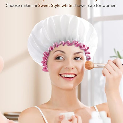 mikimini White Shower Cap Pack of 2 Waterproof Reusable Double Layers Bathing Hair Caps with Soft Comfortable PEVA Lining, Cute, Non-fading & Stretchy Shower Hat Medium White
