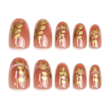 Press on Nails Short Oval Fake Nails with Cat Eye Gold Leaves Designs Nude Pink Glue on Nail Glossy Acrylic Nail Cute Daily Wear Simple Fall Stick on Nail for Women 24 Pcs