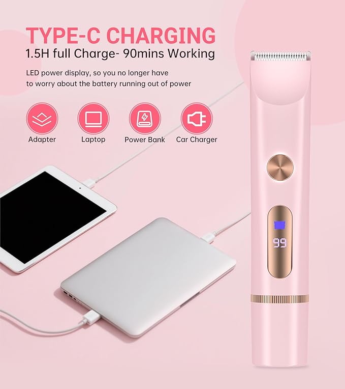 2 in 1 Bikini Trimmer for Women, Dual Head Electric Shaver with LED Display, IPX7 Waterproof Body Pubic Hair Trimmer Rechargeable Womens Electric Razor for Armpit Leg Body Facial Wet & Dry Use