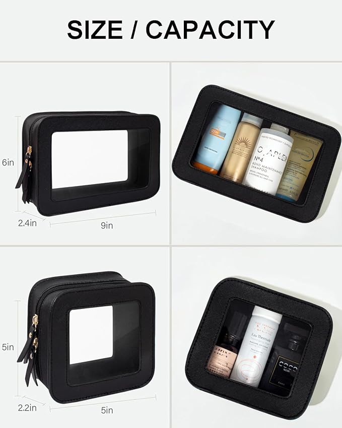 2 Pcs Travel Clear Makeup Bag Set, Clear White Makeup Organizer with Zipper Leather Travel Bags for Toiletries Small Cosmetic Bags for Women Mini Make up Pouch Toiletry Bags Car Essentials