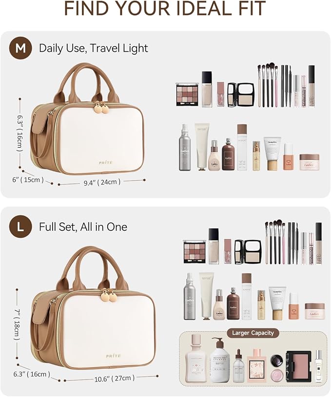 Prite Makeup Bag for Women, Large Capacity Waterproof Travel Cosmetic Organizer, Portable Open Flat Toiletry Bag with Free-standing Brush Holder and Handle(Beige Brown Large)