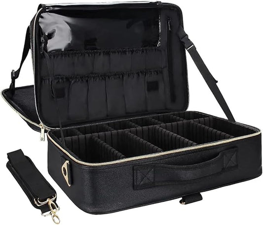 Relavel Makeup Case Large Makeup Bag Professional Train Case 16.5 inches Travel Cosmetic Organizer Brush Holder Waterproof Makeup Artist Storage Box, Large Capacity (Leather Black)