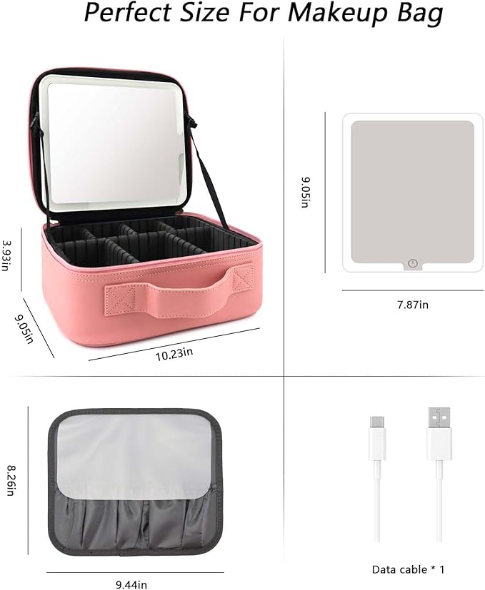 Travel Makeup Bag with LED Mirror Travel Makeup Organizer with 3 Lighted Settings, Adjustable Dividers and Makeup Brush Storage Bag Pink