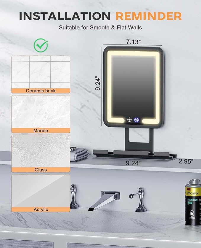 Shower Mirror Fogless for Shaving 7x9in Heated Anti Fog Mirror 3 Color Dimmable Lighted Mirror Rechargeable with Storage Tray Razor Holders 360° Rotatable Black Fog Free Bathroom Mirror for Men