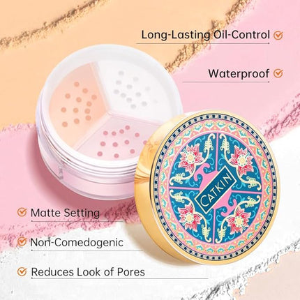 CATKIN Loose Setting Powder - Translucent Shimmer Finishing Powder, 3 Colors Even Skin Tone, Oil Control Makeup Pore Minimizing Powder with Velour Puff (0.42oz, C01 Shimmer for Oily Skin)