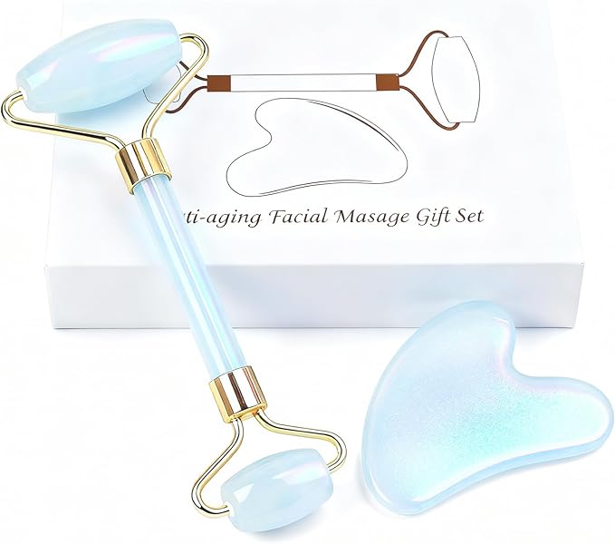 Jade roller and gua sha, facial roller, women's skincare tool, self-care gift, face, eye, neck massager, relieves fine lines and wrinkles, aventurine, opal, rose quartz