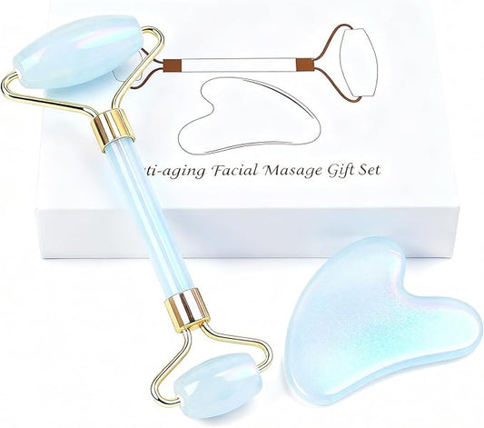 Jade roller and gua sha, facial roller, women's skincare tool, self-care gift, face, eye, neck massager, relieves fine lines and wrinkles, aventurine, opal, rose quartz
