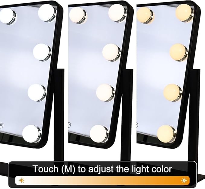 Lighted Vanity Mirror with Lights, 14.2"L x 12"W, Black, Tabletop Mount, Modern Style, Dimmable, Touch Control, Color Changing, Perfect for Bedroom & Dressing Room