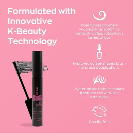 Elizabeth Mott Black Volumizing Mascara – Smudge-Proof, Lengthening Fiber Formula, Hourglass Wand – Clump-Free, Water-Resistant & Cruelty-Free – Safe for Lash Extensions, Long-Lasting, Full-Size 8ml