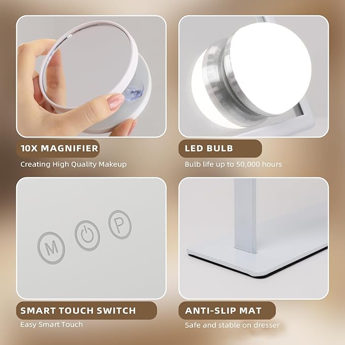 Hansong Vanity Mirror with Lights Lighted Makeup Mirror with 9 LED Bulbs Plug in Light Up Makeup Mirror with Lights 360 Rotation with 10x Magnifying Mirror Tabletop