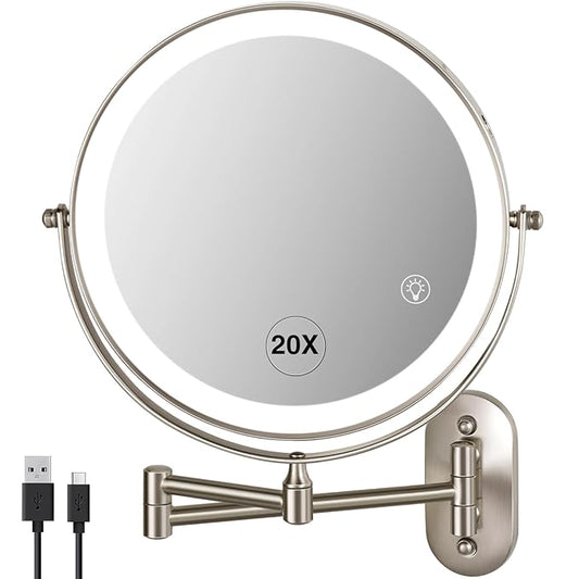 20X Magnifying Mirror with Light: 8.5 inch Lighted Makeup Mirror with 3 Colors, 360° Rotation Touch Screen Rechargeable Light up Mirror, Double Sided LED Vanity Mirror, Brushed Nickel