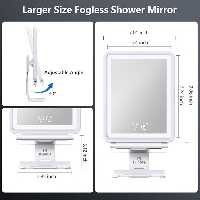 Heated Shower Mirror Fogless for Shaving, 3 Colors Stepless Dimmable Lights Fogless Mirror for Shower, Rechargeable Anti Fog Shaving Mirror with Razor Holder for Men, Light Memory Function, White