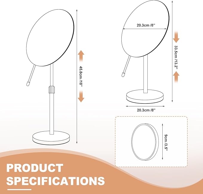 8" HD Vanity Mirror with Swivel & Adjustable Height (13-18"), Bonus 10X Magnifying Suction Cup Makeup Mirror for Precision Grooming & Shaving, Chrome Finish for Tabletop & Bedroom（No Light）