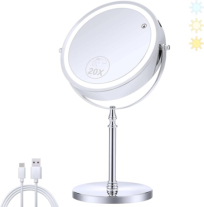 MIYADIVA Lighted Makeup Mirror, 20X Magnifying Mirror with Light, Double Sided Makeup Mirror with 20X/1X Magnification, 360°Rotation, 3 Colors Brightness Adjustable Vanity Mirror with 42 LEDs, 2000mAh