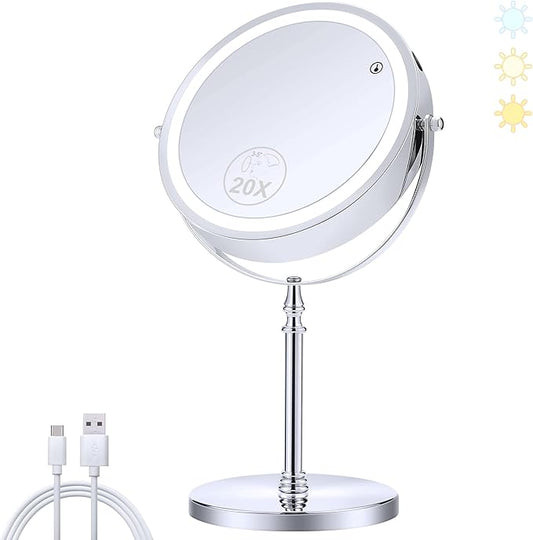 MIYADIVA Lighted Makeup Mirror, 20X Magnifying Mirror with Light, Double Sided Makeup Mirror with 20X/1X Magnification, 360°Rotation, 3 Colors Brightness Adjustable Vanity Mirror with 42 LEDs, 2000mAh