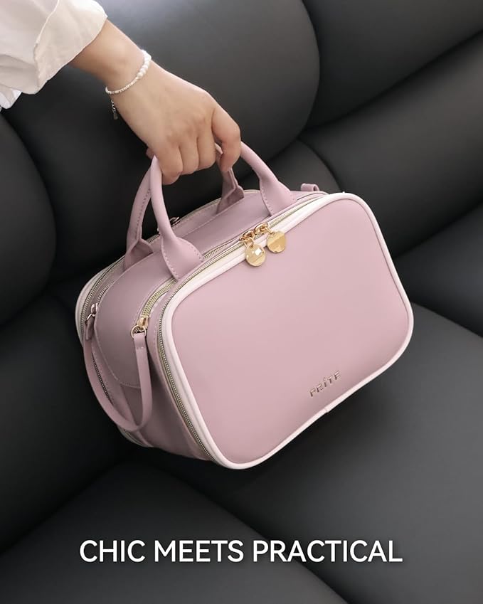 Prite Makeup Bag for Women, Large Capacity Waterproof Travel Cosmetic Organizer, Portable Open Flat Toiletry Bag with Free-standing Brush Holder and Handle(Pink Medium)