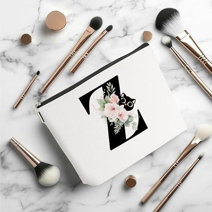 Floral Cat Initial Makeup Bag, Personalized Skin Care Bag, Travel Organizer Toiletry Bags for Women Mom Friends, Cosmetic Bags Makeup Pouch with Zipper, Letter Z
