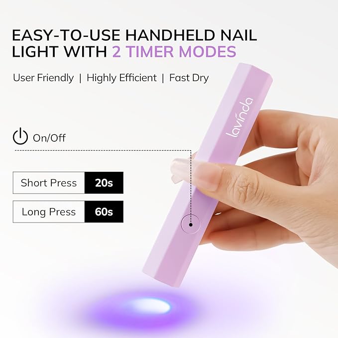 Lavinda Handheld UV Light for Gel Nails, Mini Nail Lamp, Portable Cordless Rechargeable UV Led Nail Lamp Nail Dryer for Fast Curing Gel Polish USB Flashlight for Home DIY Manicure